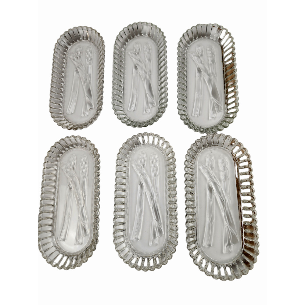 Set of Six Asparagus Oval Ribbed Serving Dishes Thick Clear Pressed Art Glass